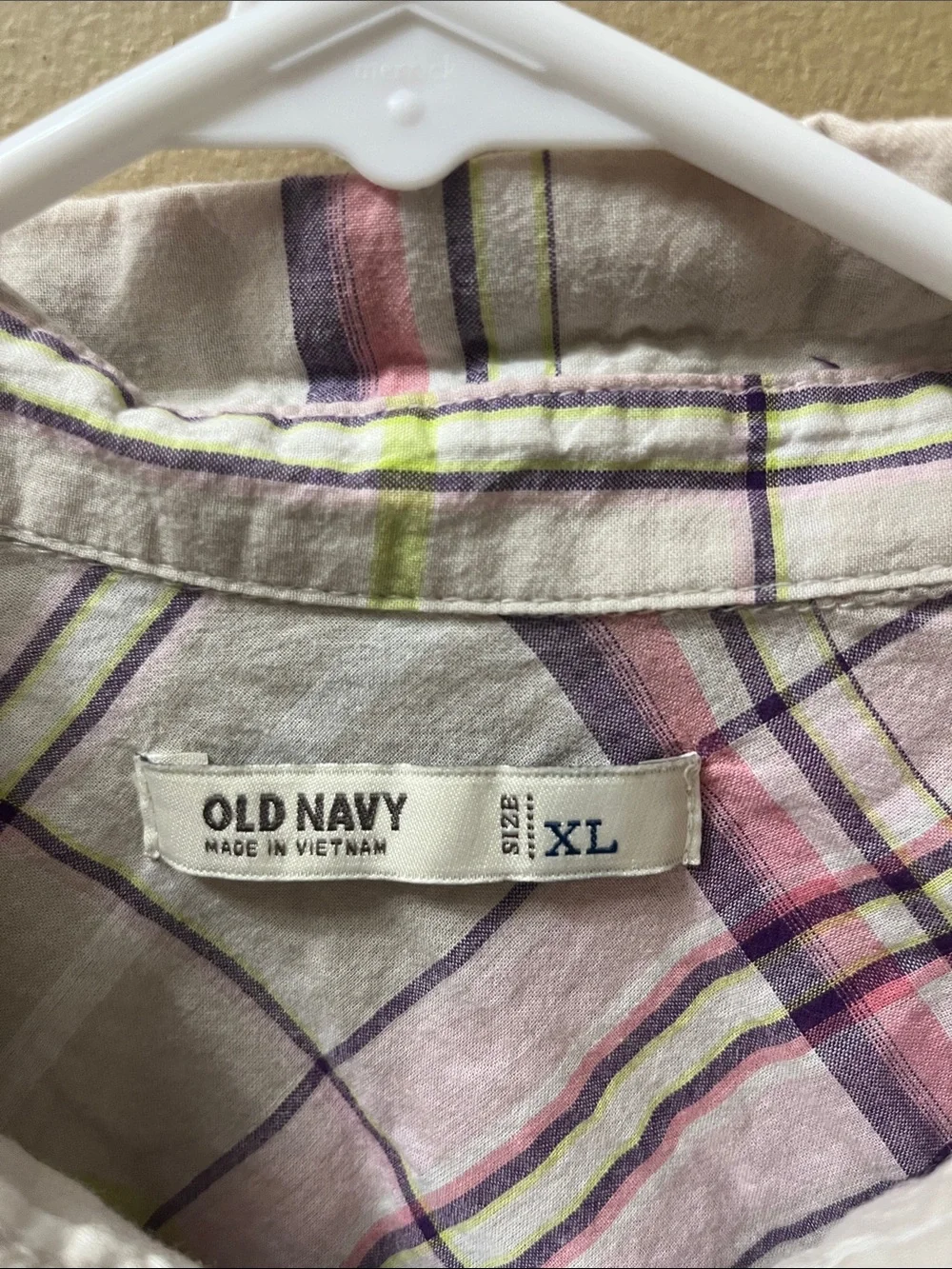 Old Navy Cream Plaid Button-Down Shirt with Pink and Yellow Stripes